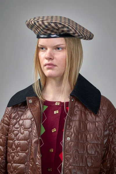 Ganni Checkered Wool Beret Featuring Buckle Detail In Brown