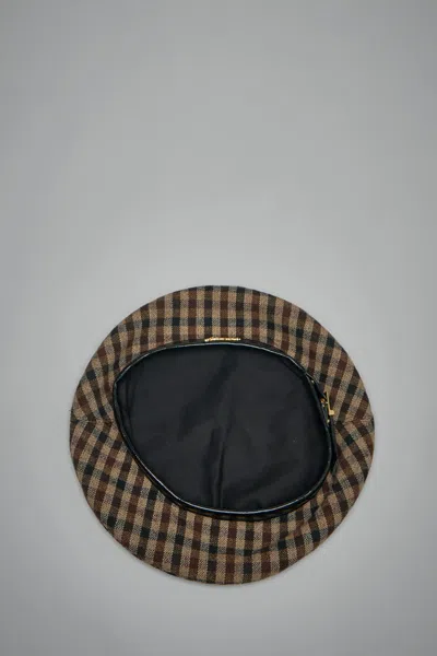 Ganni Checkered Wool Beret Featuring Buckle Detail In Brown