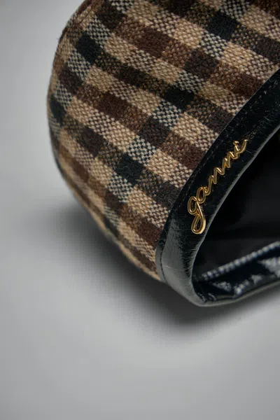 Ganni Checkered Wool Beret Featuring Buckle Detail In Brown