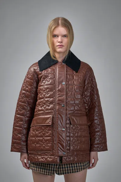 Ganni Shiny Quilt Midi Jacket In Brown