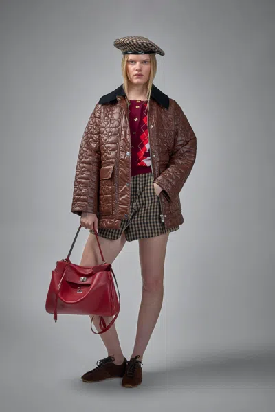 Ganni Shiny Quilt Midi Jacket In Brown