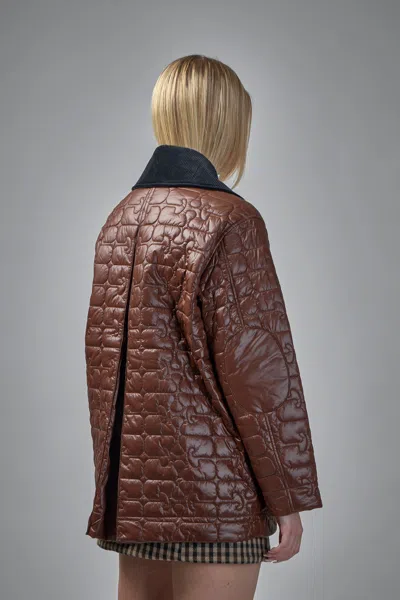 Ganni Shiny Quilt Midi Jacket In Brown