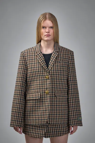 Ganni Check Wool Blend Oversized Blazer With Notched Lapels In Brown