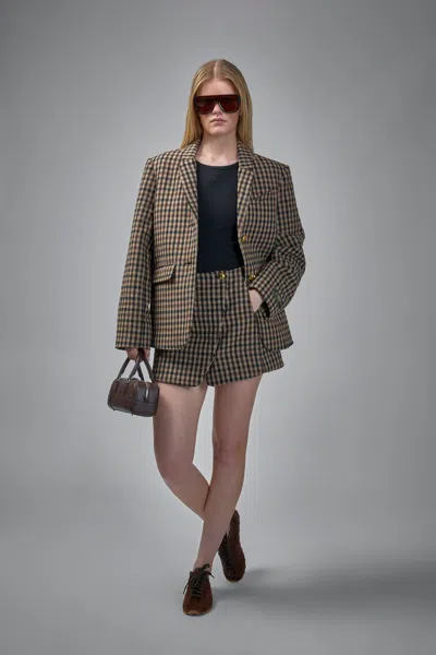 Ganni Check Wool Blend Oversized Blazer With Notched Lapels In Brown