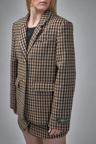 Ganni Check Wool Blend Oversized Blazer With Notched Lapels In Brown