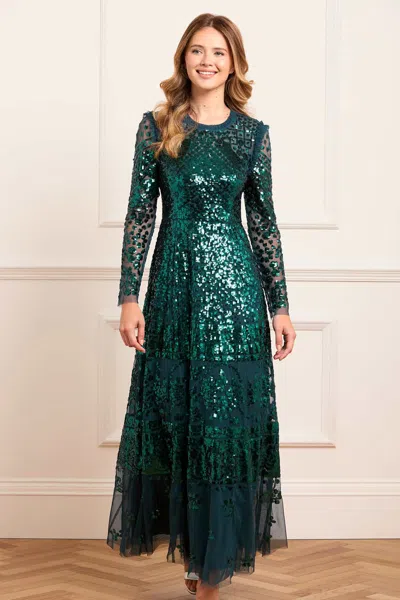 Needle & Thread Aurora Long Sleeve Round Neck Gown In Green