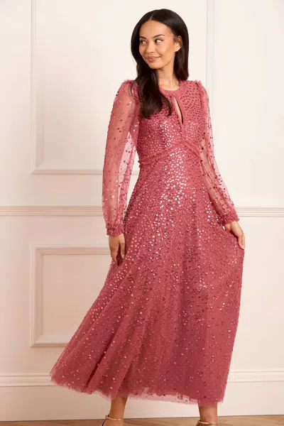 Needle & Thread Dappled Sequin Long Sleeve Ankle Gown In Pink