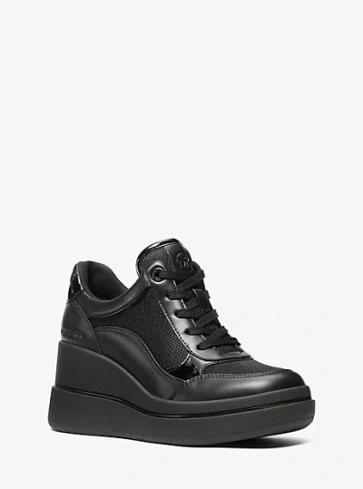 Michael Kors Emmy Leather And Mesh Wedge Trainer In Black