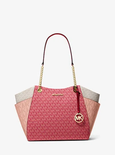 Michael Kors Jet Set Large Color-block Signature Logo Tote Bag In Red
