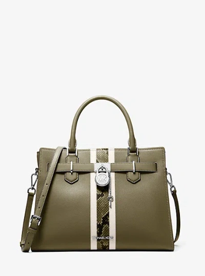 Michael Kors Hamilton Medium Leather And Snake Embossed Stripe Satchel In Green