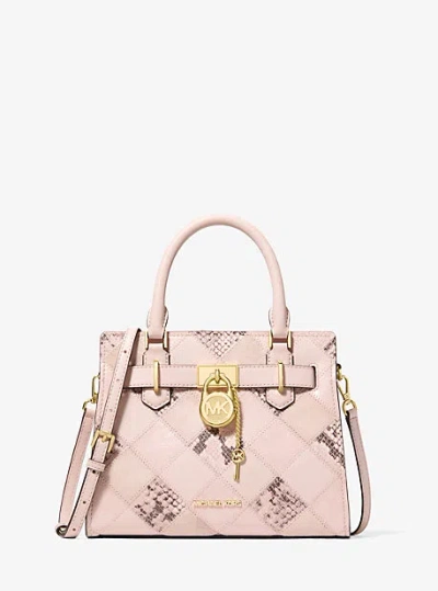Michael Kors Hamilton Small Patchwork And Snake Embossed Satchel In Pink