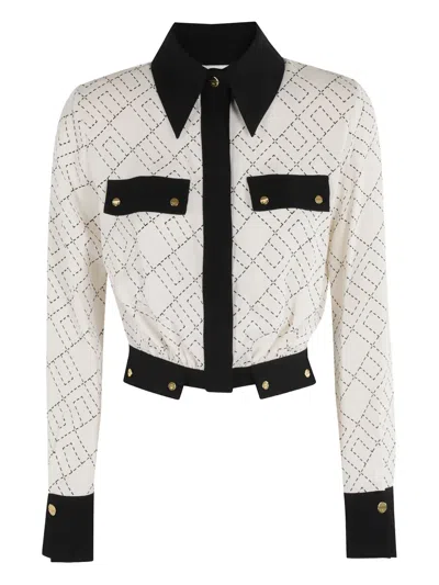 Elisabetta Franchi Bi-color Shirt With Gold Accents And Geometric Pattern In White