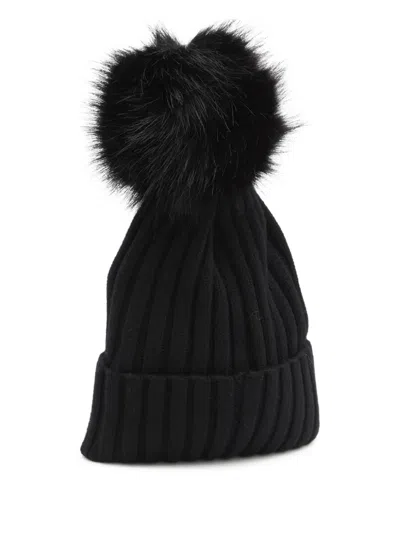 Moncler Ribbed Knit Wool Beanie With Faux Fur Pom-pom In Black