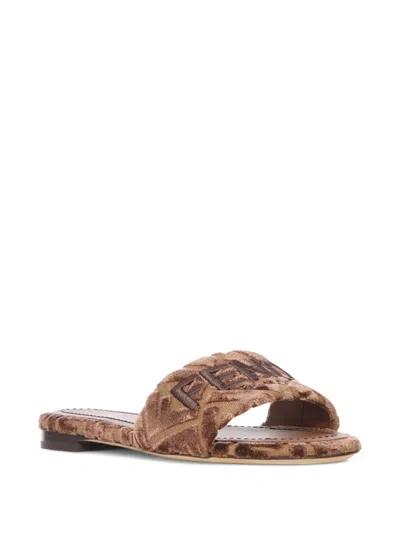 Fendi Sunshine Logo-embroidered Velvet Flat Sandals In Brown