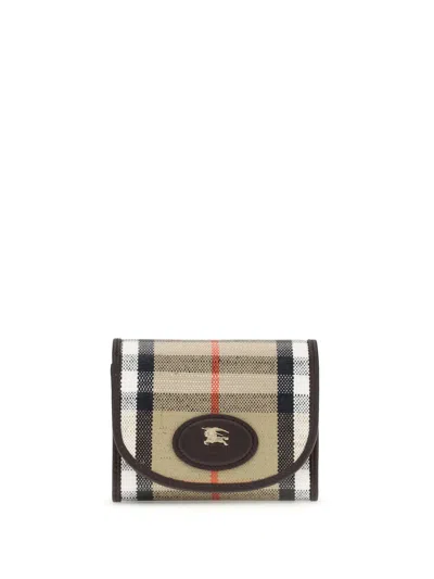 Burberry Compact Wallet With Leather Inserts In Check Pattern In Brown
