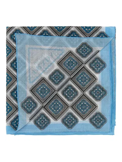 Prada Geometric Print Cotton Scarf With Fringed Edges In Blue