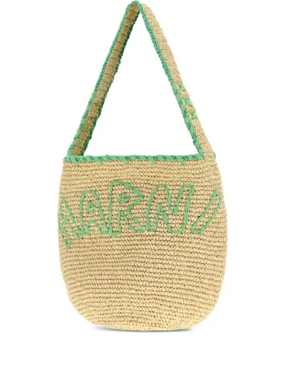 Marni Large Logo-embroidered Raffia Tote Bag In Multi