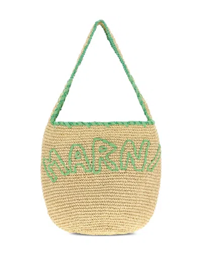 Marni Large Logo-embroidered Raffia Tote Bag In Multi