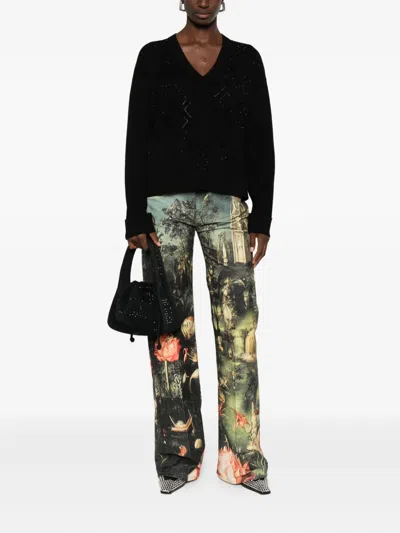 Blugirl V-neck Black Sweater With Geometric Pattern And Embellished Detailing In Black