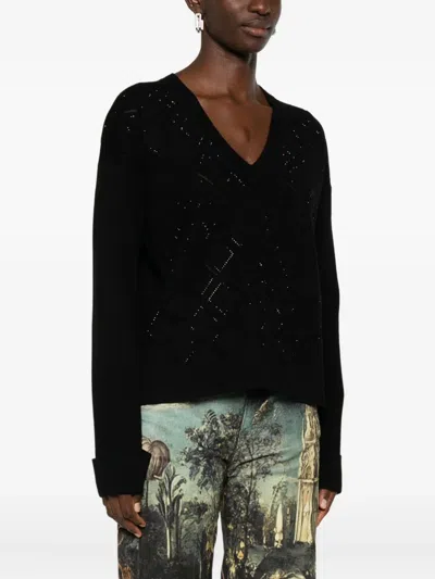Blugirl V-neck Black Sweater With Geometric Pattern And Embellished Detailing In Black