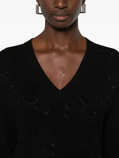Blugirl V-neck Black Sweater With Geometric Pattern And Embellished Detailing In Black