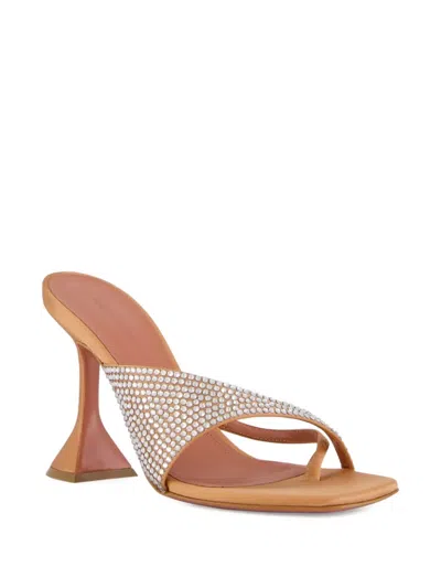 Amina Muaddi Shiona 95 Beige Satin Crystal Mules In Metallic