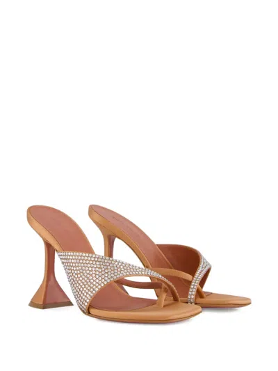 Amina Muaddi Shiona 95 Beige Satin Crystal Mules In Metallic