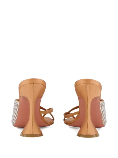 Amina Muaddi Shiona 95 Beige Satin Crystal Mules In Metallic