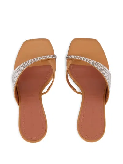 Amina Muaddi Shiona 95 Beige Satin Crystal Mules In Metallic