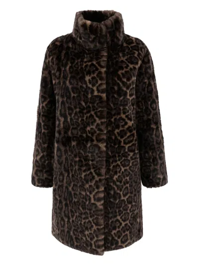 Apparis Blair Dark Leopard Mid-length Coat In Brown