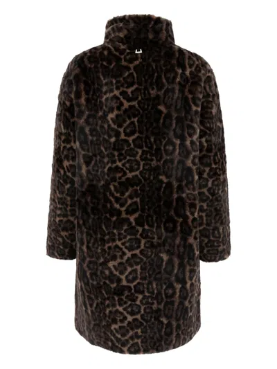 Apparis Blair Dark Leopard Mid-length Coat In Brown