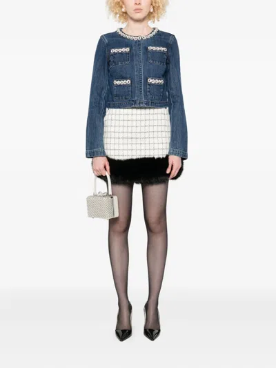 Self-portrait Cropped Denim Jacket With Crystal Chain Trims In Blue