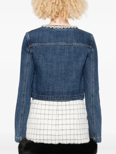Self-portrait Cropped Denim Jacket With Crystal Chain Trims In Blue