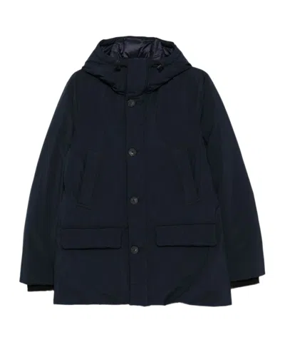 Woolrich Relaxed-fit Hooded Coat With Button Closure And Multiple Pockets In Blue