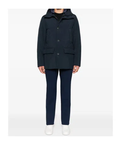 Woolrich Relaxed-fit Hooded Coat With Button Closure And Multiple Pockets In Blue