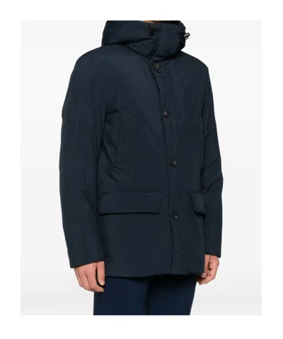 Woolrich Relaxed-fit Hooded Coat With Button Closure And Multiple Pockets In Blue
