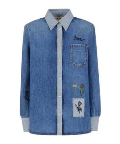 Marni Denim Shirt With Embroidered Floral Motifs In Blue