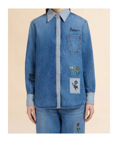 Marni Denim Shirt With Embroidered Floral Motifs In Blue