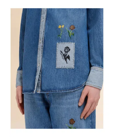 Marni Denim Shirt With Embroidered Floral Motifs In Blue