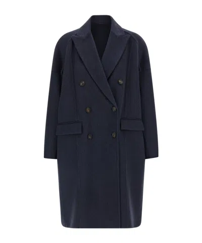 Brunello Cucinelli Oversized Double-breasted Coat Flap Pockets In Blue