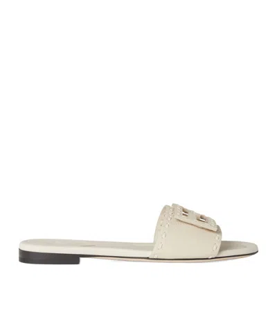 Fendi Baguette Ff Leather Buckle Flat Slide Sandals In White