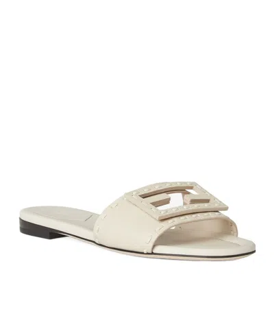 Fendi Baguette Ff Leather Buckle Flat Slide Sandals In White