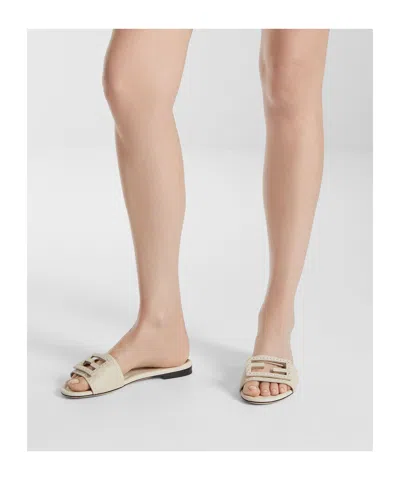 Fendi Baguette Ff Leather Buckle Flat Slide Sandals In White