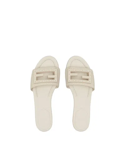 Fendi Baguette Ff Leather Buckle Flat Slide Sandals In White