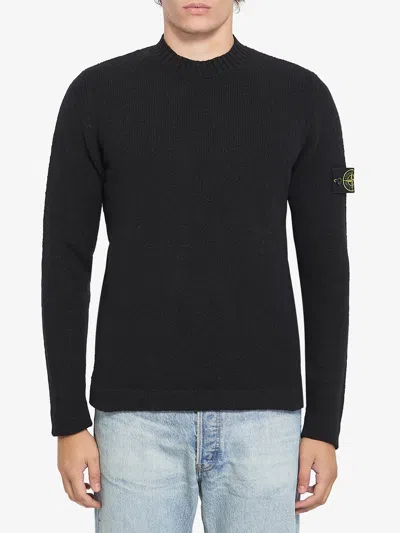Stone Island Crewneck Sweatshirt With Ribbed Detailing And Logo Patch In Black