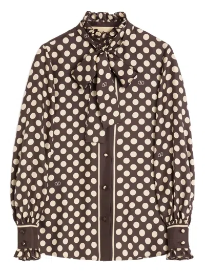 Valentino Twill Shirt With Plus De Pois Print In Brown