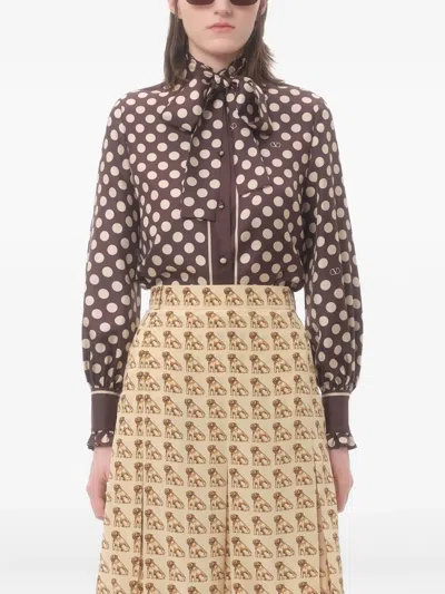 Valentino Twill Shirt With Plus De Pois Print In Brown