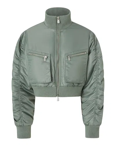 Pinko Cropped Bomber Jacket With Gathered Sleeves In Green