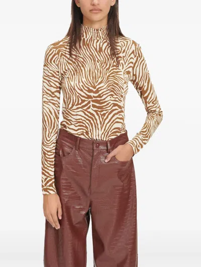 Samsoe & Samsoe Elsi Zebra-print Turtleneck T-shirt In Brown