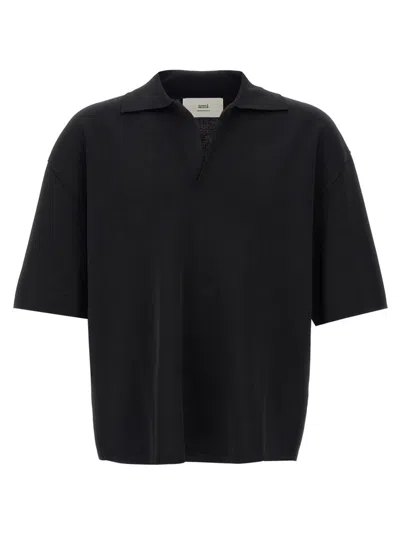 Ami Alexandre Mattiussi Fitted V-neck Polo Shirt With Classic Collar And Short Sleeves In Black